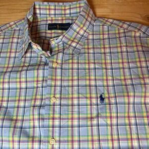 Ralph Lauren Mens XXL Short Sleeve Plaid Button Down Shirt Blue Pink Multi Pony